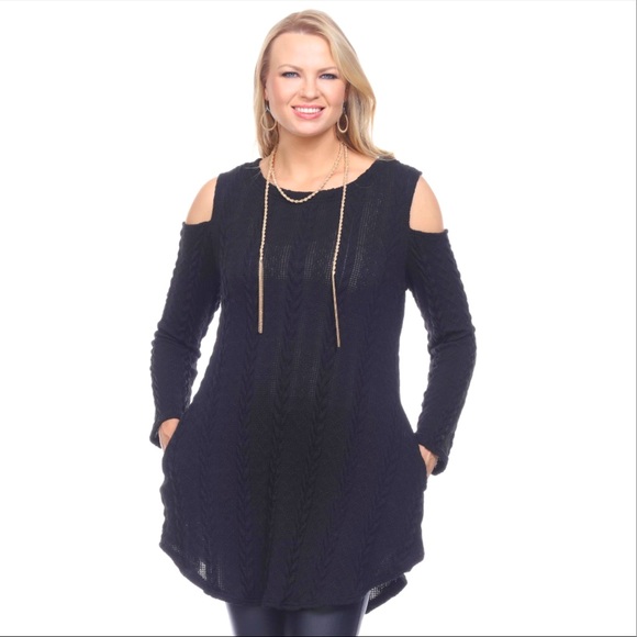 Sexy Black cold shoulder cable knit sweater with pockets! NWT - Picture 1 of 7